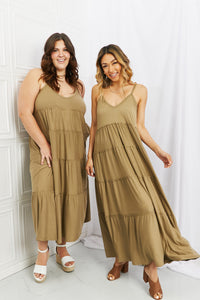 Casually Courting Spaghetti Strap Tiered Dress with Pockets in Khaki