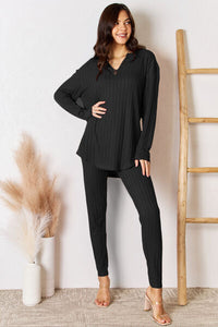Face The Day Notched Long Sleeve Top and Pants Set (2 color options)