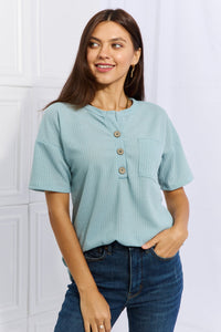Made For You 1/4 Button Down Waffle Top in Blue