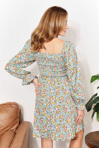 Walk Among The Flowers Floral Smocked Flounce Sleeve Square Neck Dress