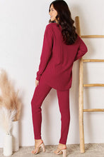 Load image into Gallery viewer, Lounge Life Ribbed Round Neck High-Low Slit Top and Pants Set  (multiple color options)
