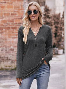 Harvest Hues Buttoned Notched Neck Long Sleeve Top