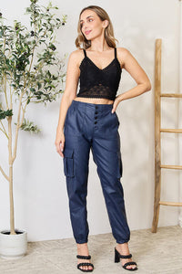 Uptown Brunch High Waist Faux Leather Cargo Joggers by Kancan