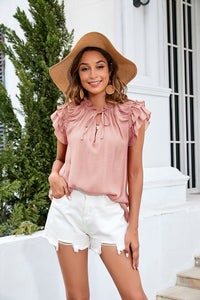 All I Want Tie Neck Ruffle Trim Blouse