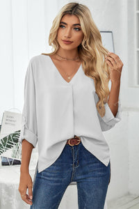 Sweet Intentions Roll-Tab Sleeve V-Neck Blouse (multiple color options)