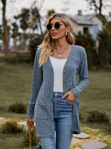Falling Leaves Ribbed Button-UP Cardigan with Pockets