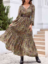 Load image into Gallery viewer, Rusted Boho Vibes Printed Tie Neck Ruffle Hem Long Sleeve Dress
