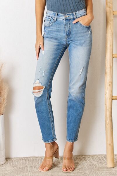 Jobelle High Rise Distressed Slim Straight Jeans by Kancan
