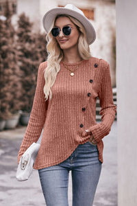 Fall Fusion Ribbed Round Neck Buttoned Long Sleeve Tee