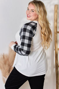 Check Her Out Plaid Raglan Sleeve Round Neck Top