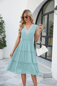 Resort Mode Contrast V-Neck Sleeveless Tiered Dress  (multiple color options)