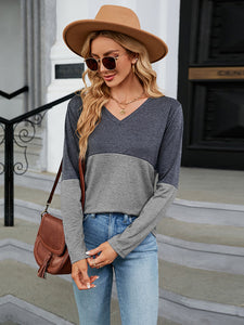 Easy Street V-Neck Long Sleeve Two-Tone Top