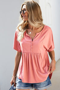 It's a Certain Thing Buttoned Notched Neck Short Sleeve Top (multiple color options)