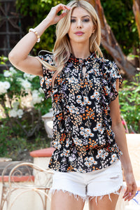 Bloom Into Style Floral Tie Neck Flutter Sleeve Blouse