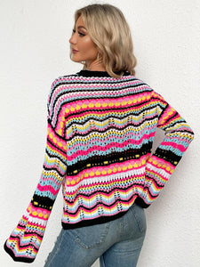 Whimsical Rainbow Whispers Stripe Openwork Flare Sleeve Knit Sweater Top (multiple color options)