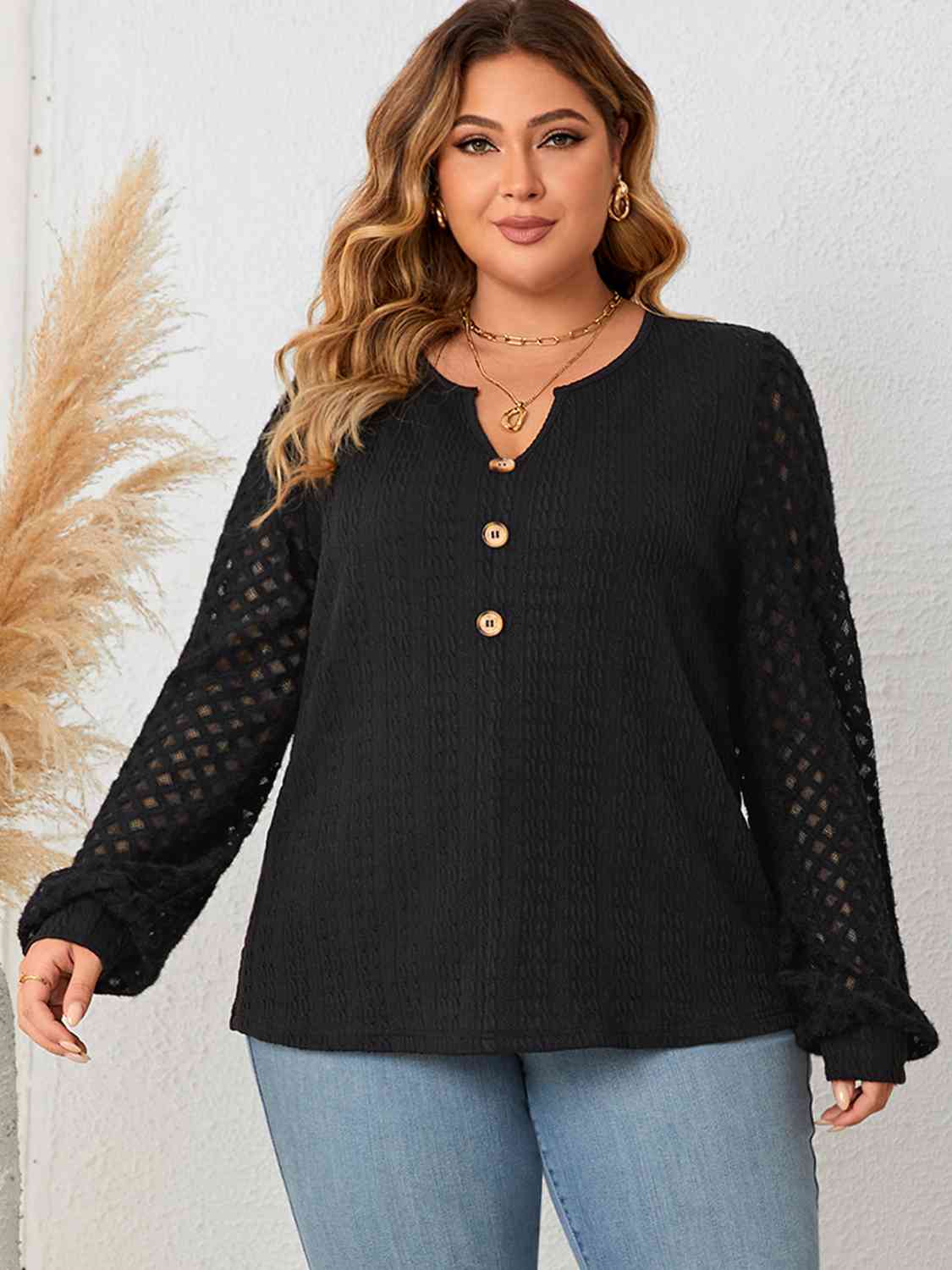 In The Details Openwork Notched Button Front Blouse