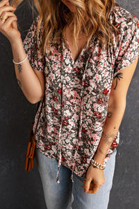 Free to Believe Floral Flutter Sleeve Tie-Neck Blouse (2 color options)