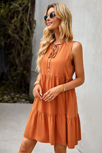 Dinner At Sunset Tie Neck Tiered Dress with Decorative Buttons (2 color options)