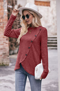 Fall Fusion Ribbed Round Neck Buttoned Long Sleeve Tee