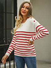 Load image into Gallery viewer, Fall On The Horizon Round Neck Shoulder Button Striped Pullover Sweater (2 color options)
