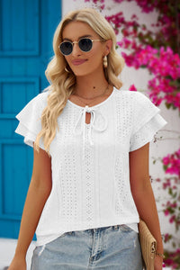 The Simple Touches Eyelet Tie-Neck Flutter Sleeve Blouse (multiple color options)