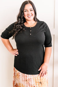 Not So Basic, Basic! Decorative Button Front Henley Top In Black