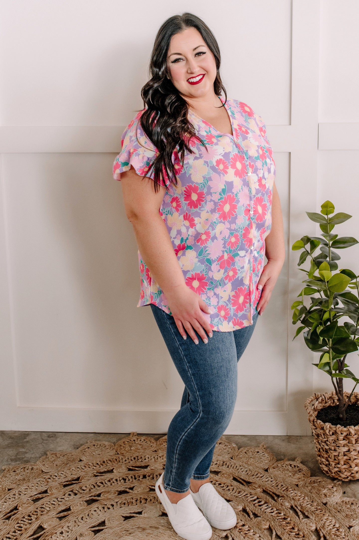 Blooming Fun Faux Button Front Blouse In Pink Fairytale Florals