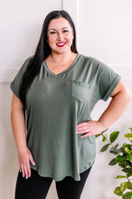 Load image into Gallery viewer, Take It Easy V Neck Short Sleeve Top With Pocket Detail In Sage
