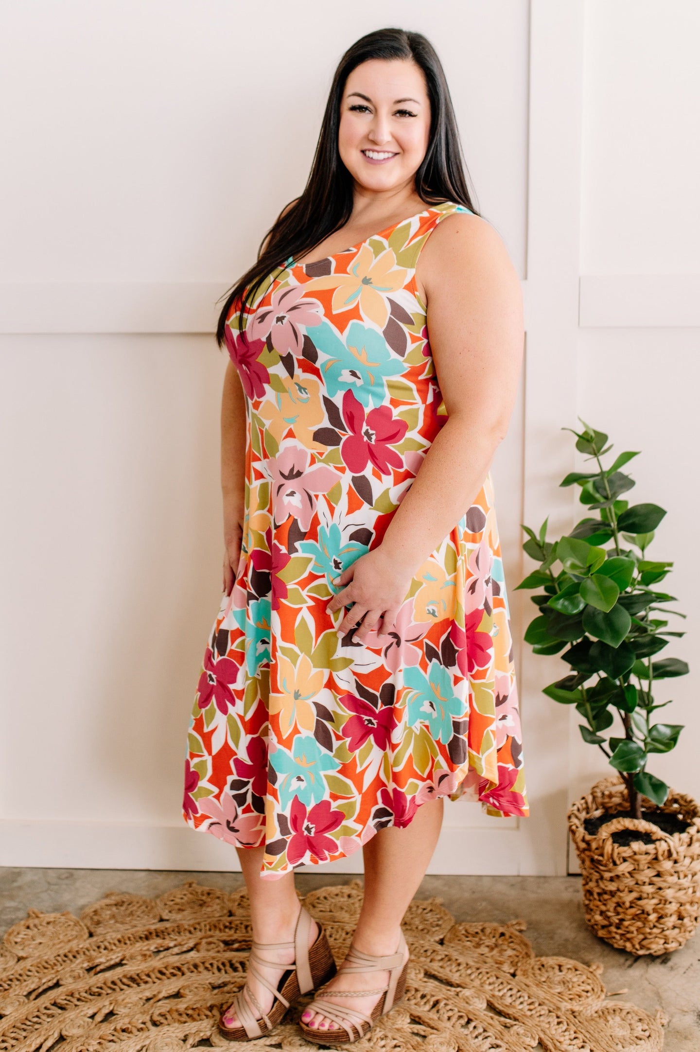 Private Oasis Sleeveless Midi Dress In Colorful Hibiscus Florals