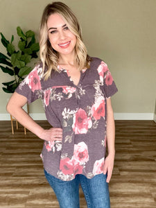 Bloom with Good Vibes Front Seam Detail Top In Plum Florals