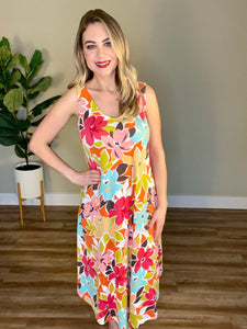 Private Oasis Sleeveless Midi Dress In Colorful Hibiscus Florals