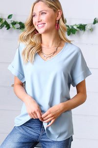 Places to Go Wool Dobby Rolled Sleeve V Neck Top in Ash Blue