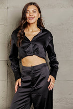 Load image into Gallery viewer, Noir Sophistication Long Sleeve Cropped Blouse and Tie Detail Long Pants Set

