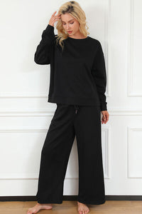 Leisure Luxe Textured Long Sleeve Top and Drawstring Pants Set (multiple color options)