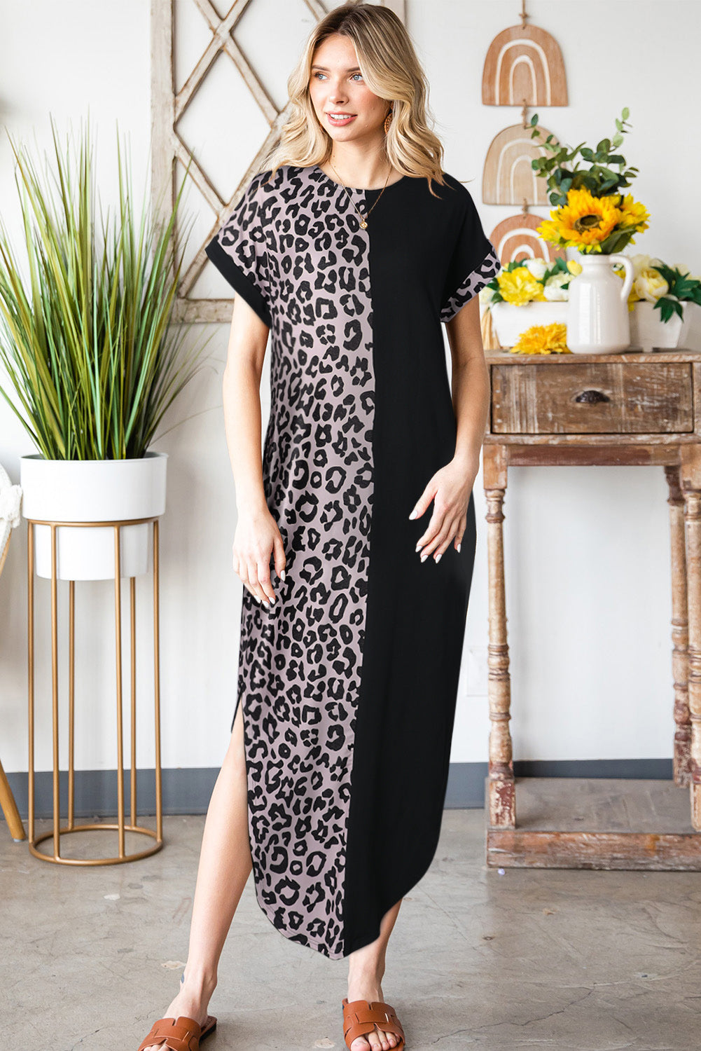 Jungle Queen Leopard Color Block Split Dress (multiple color options)