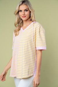 Striped Short Sleeve Drawstring Hooded Top