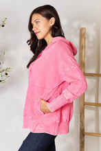 Load image into Gallery viewer, Comfort Awaits Half Snap Long Sleeve Hoodie with Pockets in Fuchsia
