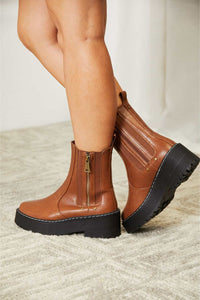 Stepping Up Side Zip Platform Boots in Chestnut Vegan Leather