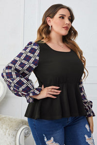 Strong Spirit Plaid Print Square Neck Ruched Blouse