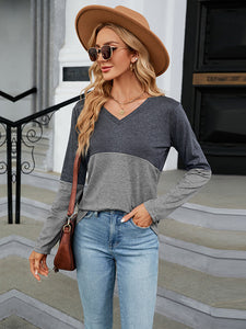 Easy Street V-Neck Long Sleeve Two-Tone Top