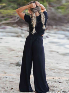 Simple Chic Short Sleeve T-Shirt and Wide Leg Pants Set (multiple color options)