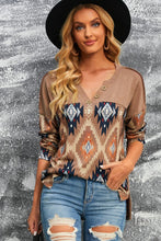 Load image into Gallery viewer, Cowgirl Charm Brown Western Print Buttoned V Neck Top
