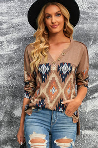 Cowgirl Charm Brown Western Print Buttoned V Neck Top