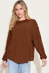 Dream With Ease Ribbed Round Neck Long Sleeve T-Shirt (multiple color options)