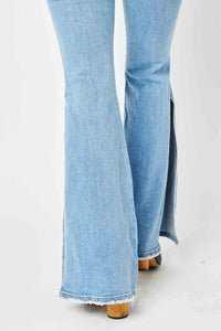 Lorelei Mid Rise Raw Hem Slit Flare Jeans by Judy Blue