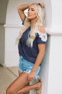 Breathing Easy Contrast Cold-Shoulder Round Neck Tee