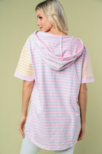 Load image into Gallery viewer, Striped Short Sleeve Drawstring Hooded Top
