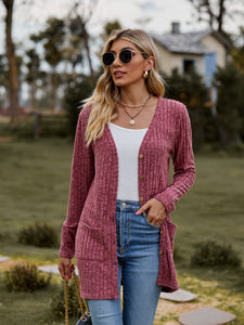 Falling Leaves Ribbed Button-UP Cardigan with Pockets
