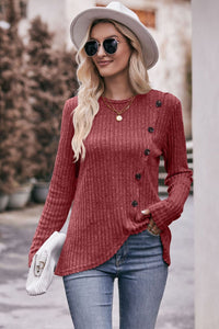 Fall Fusion Ribbed Round Neck Buttoned Long Sleeve Tee