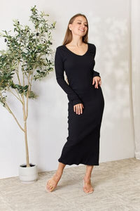 Cocktails At Night Ribbed Long Sleeve Midi Slit Dress